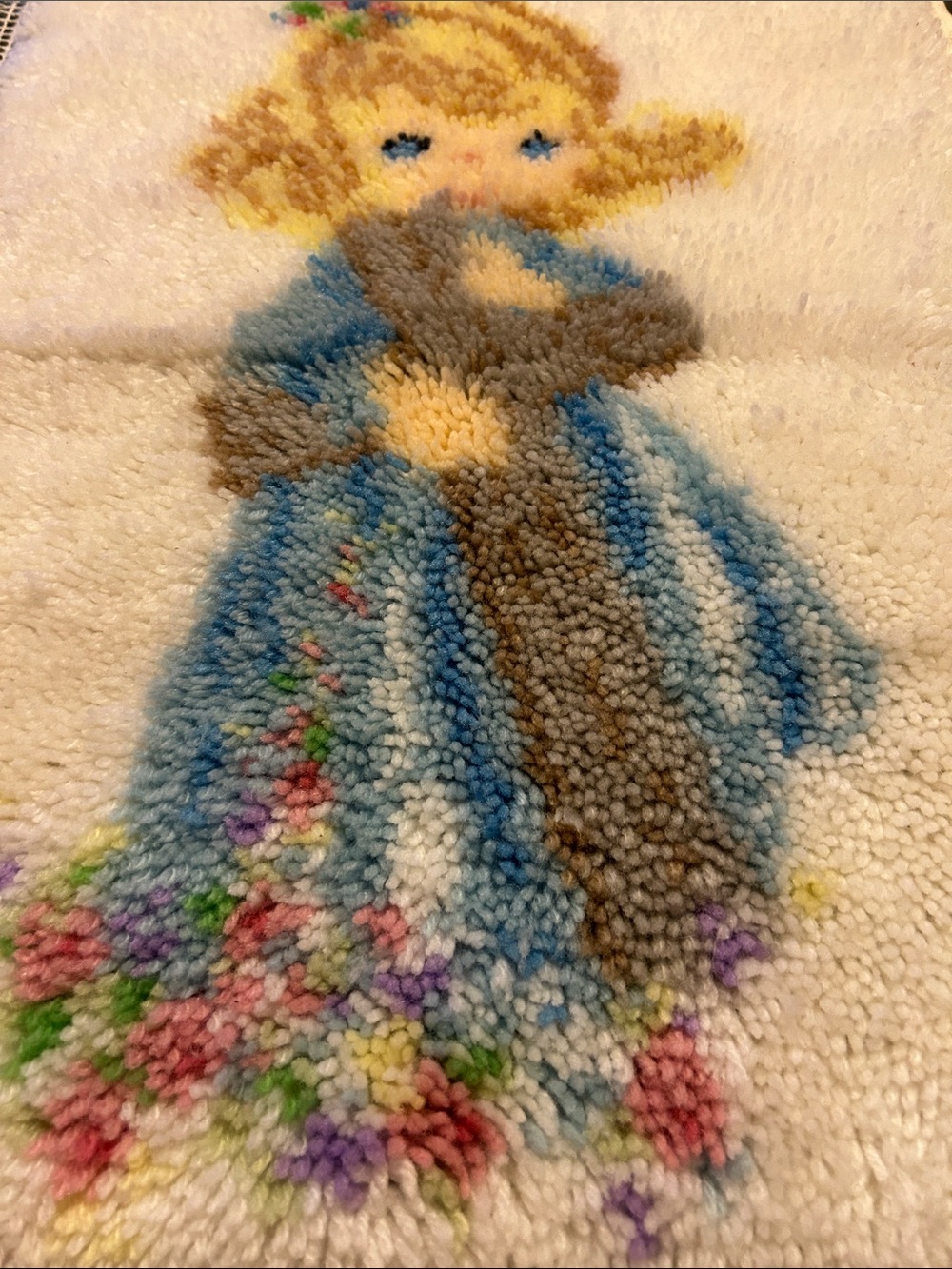 vintage Handwoven Floral Girl Hooked Rug Accent - Blue Dress